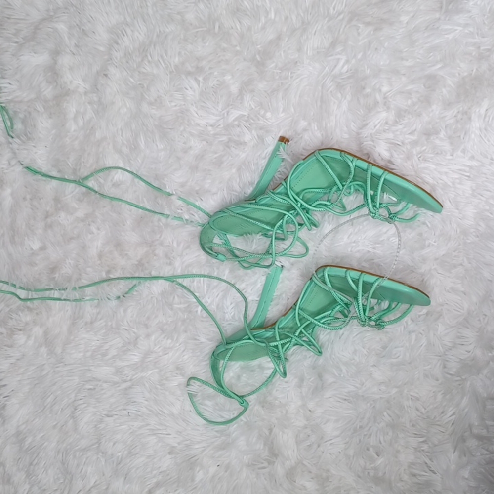 SCHUTZ Heyde Nappa Leather Heeled Strappy Lace Up Sandal Mint Green NEW Size 9.5 - Picture 7 of 10